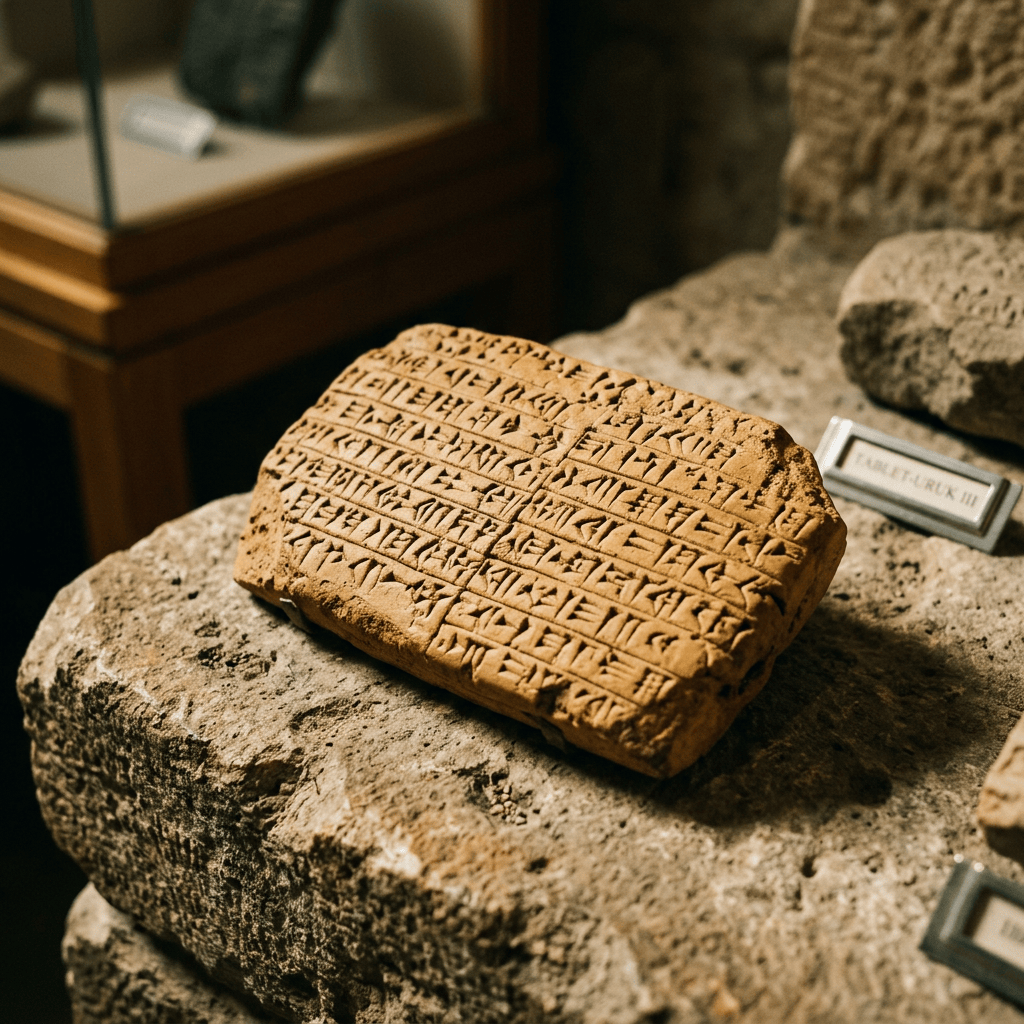 Clay tablet covered in rows of ancient cuneiform writing on a stone display