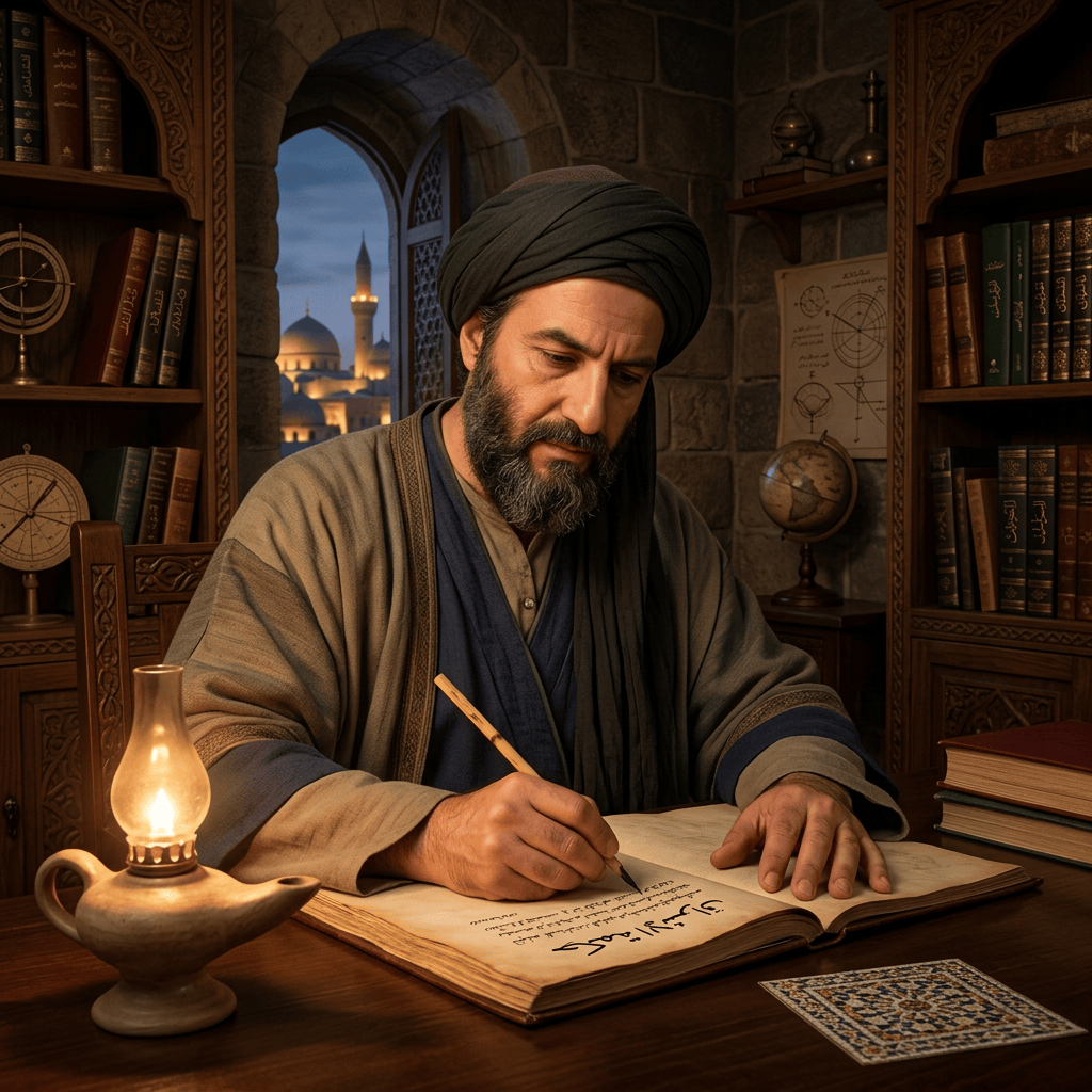 Bearded scholar writing in Arabic beside a glowing oil lamp