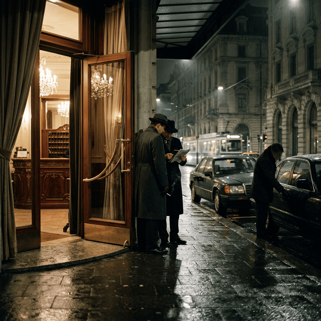 Two men reading a newspaper outside a hotel on a rainy city street