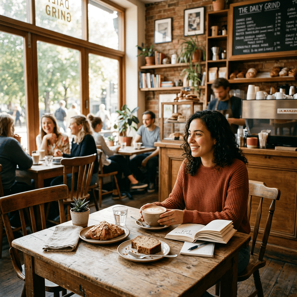 Woman enjoying coffee and reading at a busy café table
