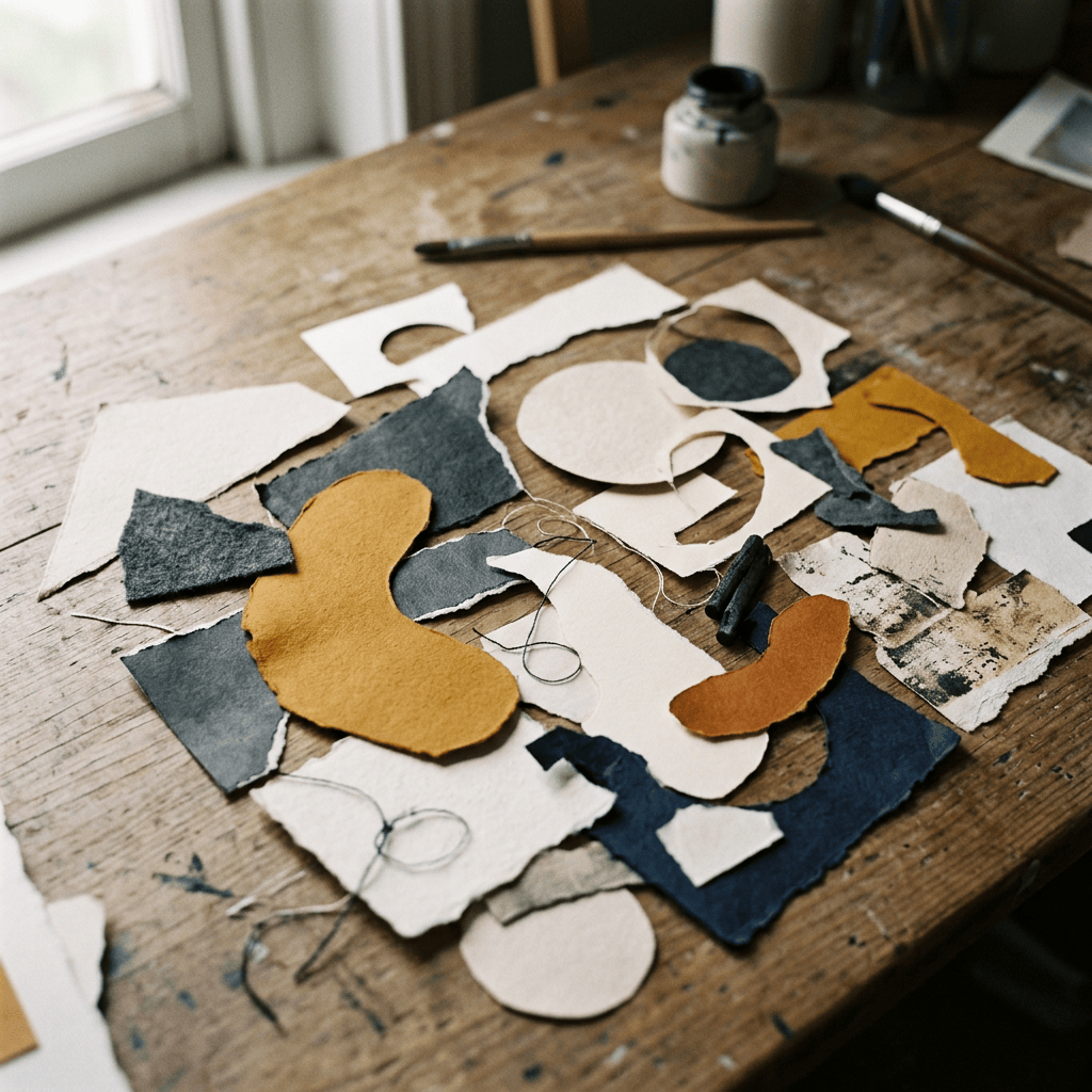 Torn fabric and paper pieces arranged with thread, brushes, and ink on a wooden table