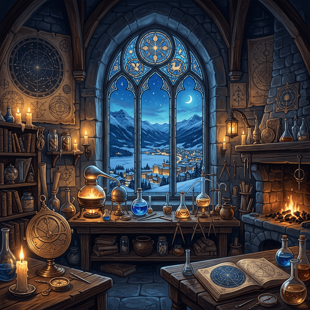Alchemist’s study with glowing vessels, celestial charts, fireplace, and mountain village view