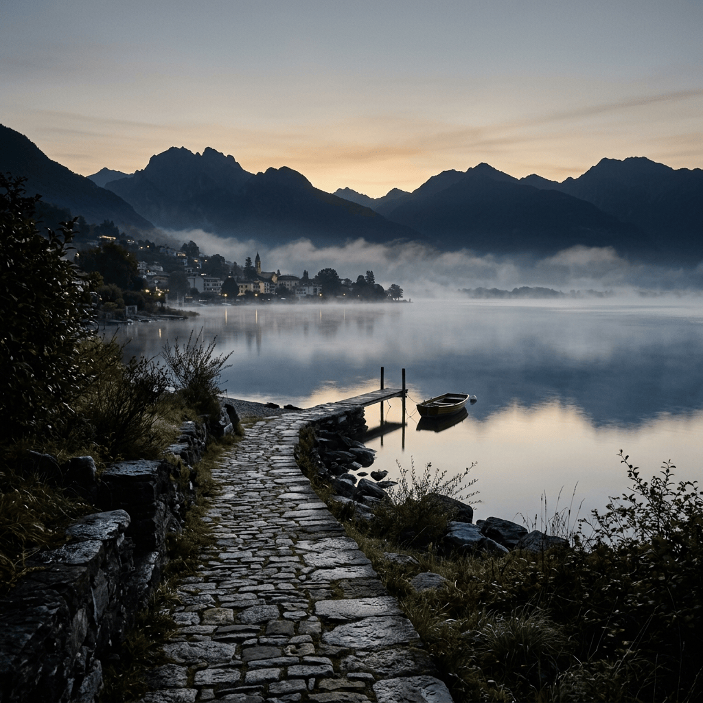 Stone path and boat beside a misty mountain lake at dawn