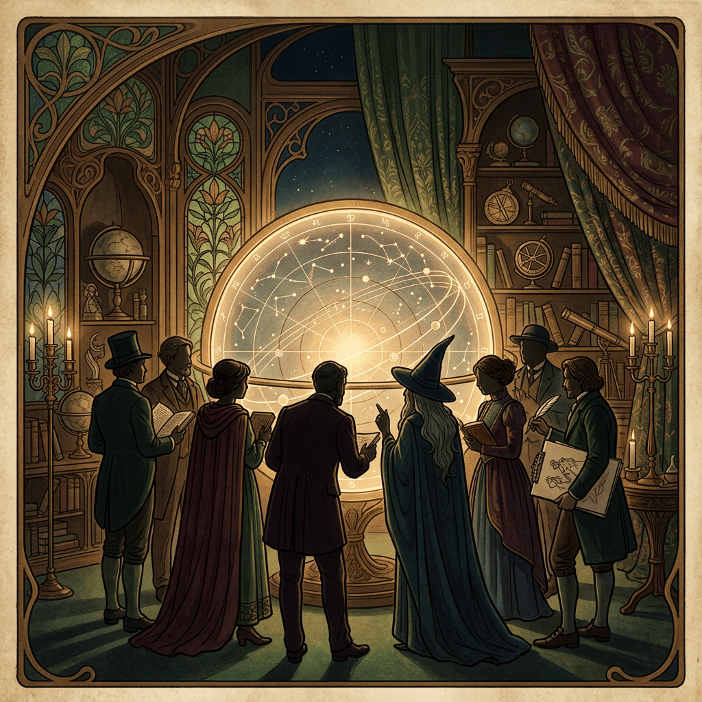 Robed scholars studying a glowing celestial map in an ornate observatory