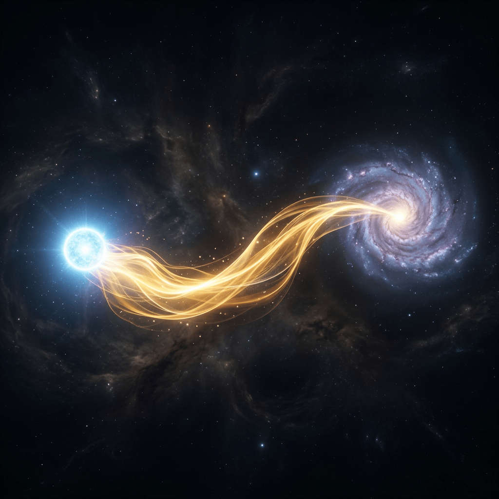Golden streams of light connect a bright star and spiral galaxy