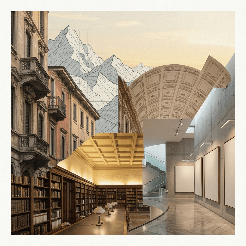 Collage of historic buildings, mountain drawings, a library, and modern gallery