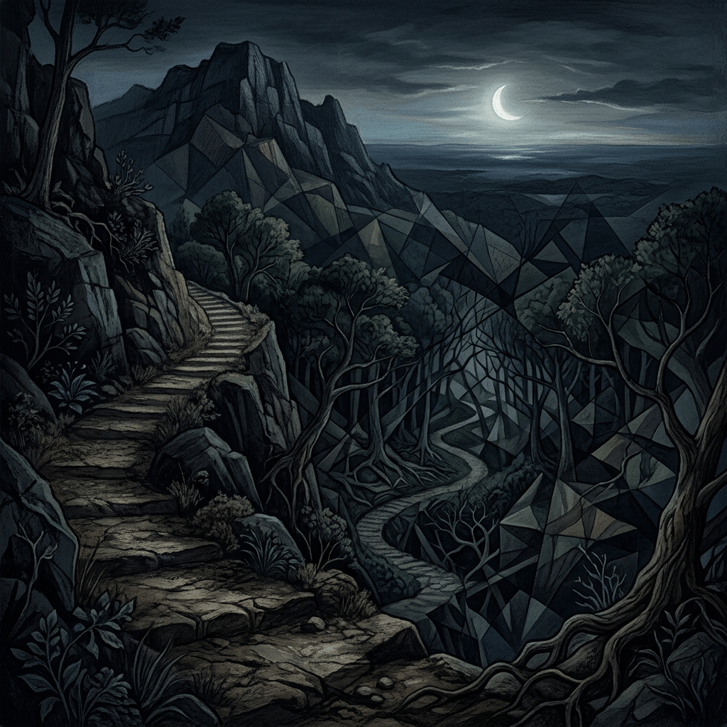 Moonlit mountain trail winding through dark trees beneath a crescent moon