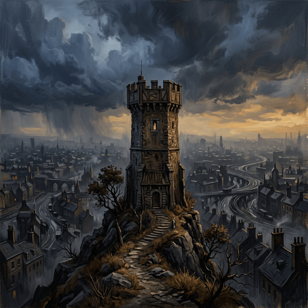 Stone watchtower on a rocky hill overlooking a sprawling city under storm clouds