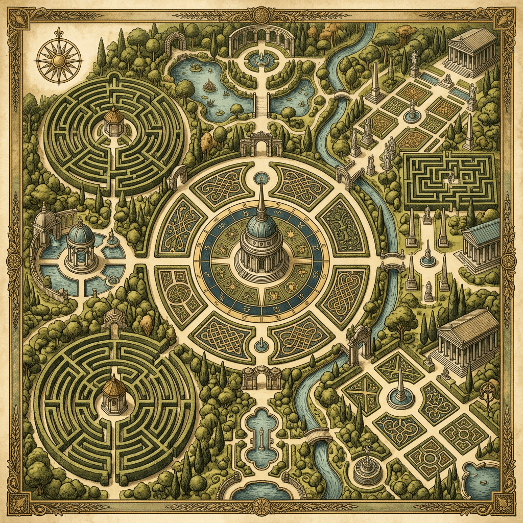 Ornate illustrated plan of Renaissance gardens with labyrinths, fountains, waterways, and temples