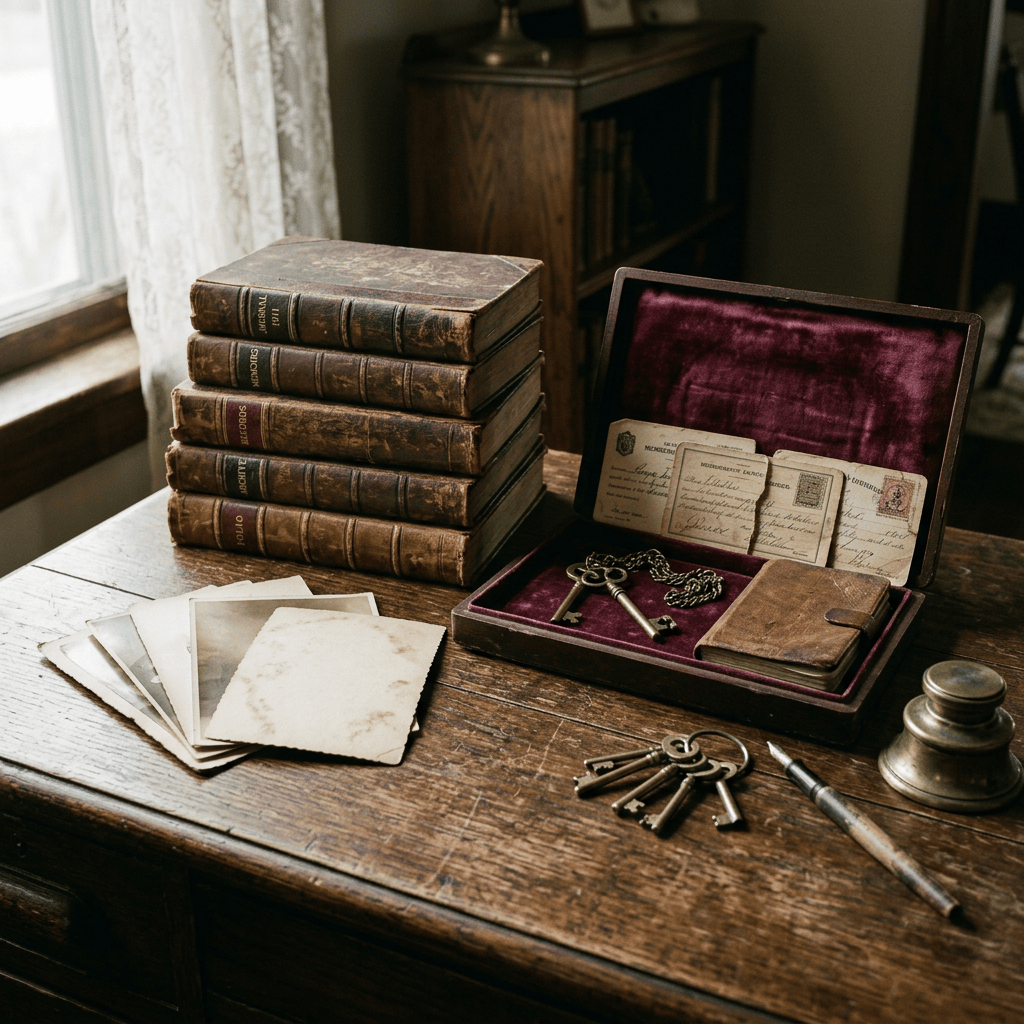 Antique books, handwritten letters, keys, and a velvet-lined keepsake box on a wooden desk