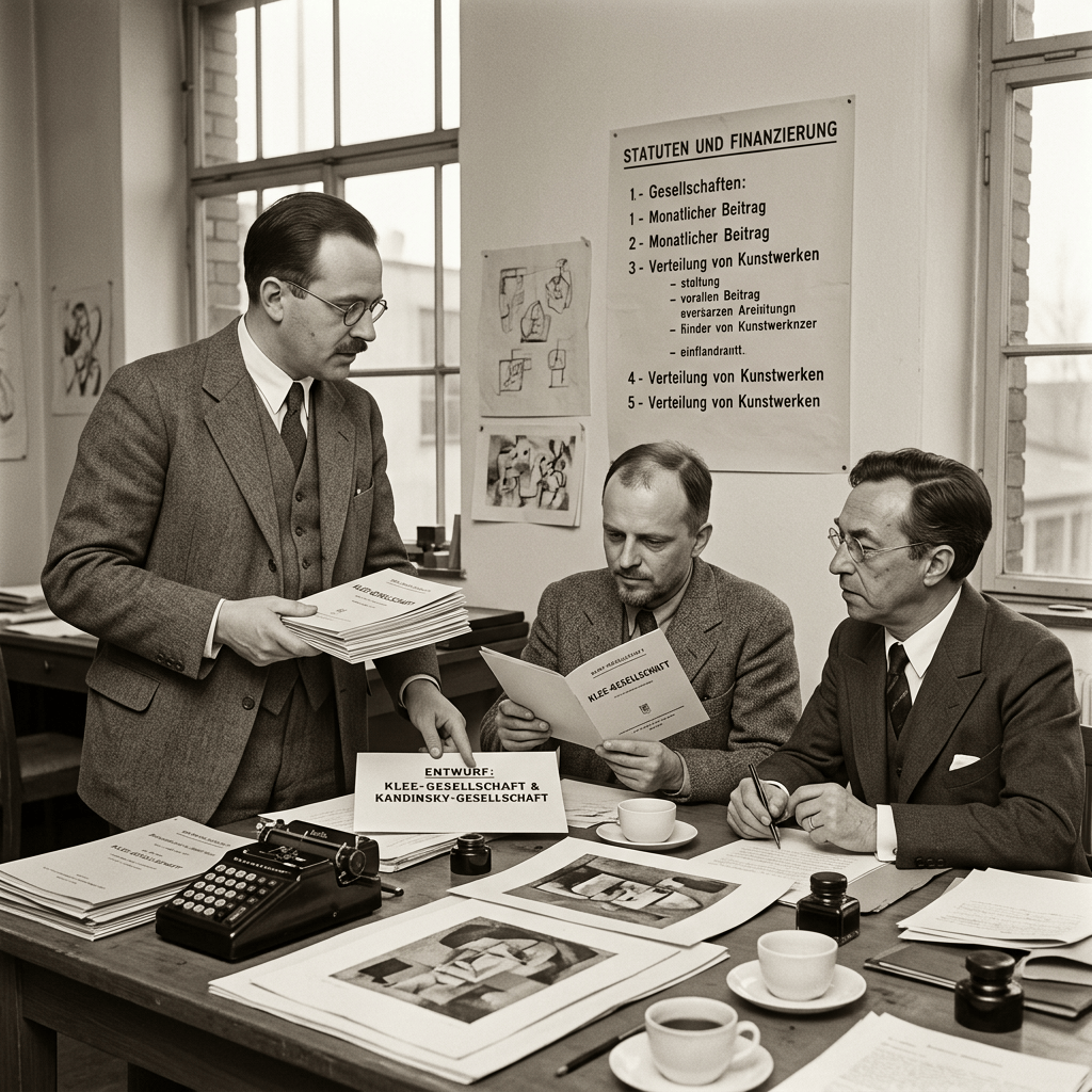Three men reviewing artwork proposals beneath a German funding outline