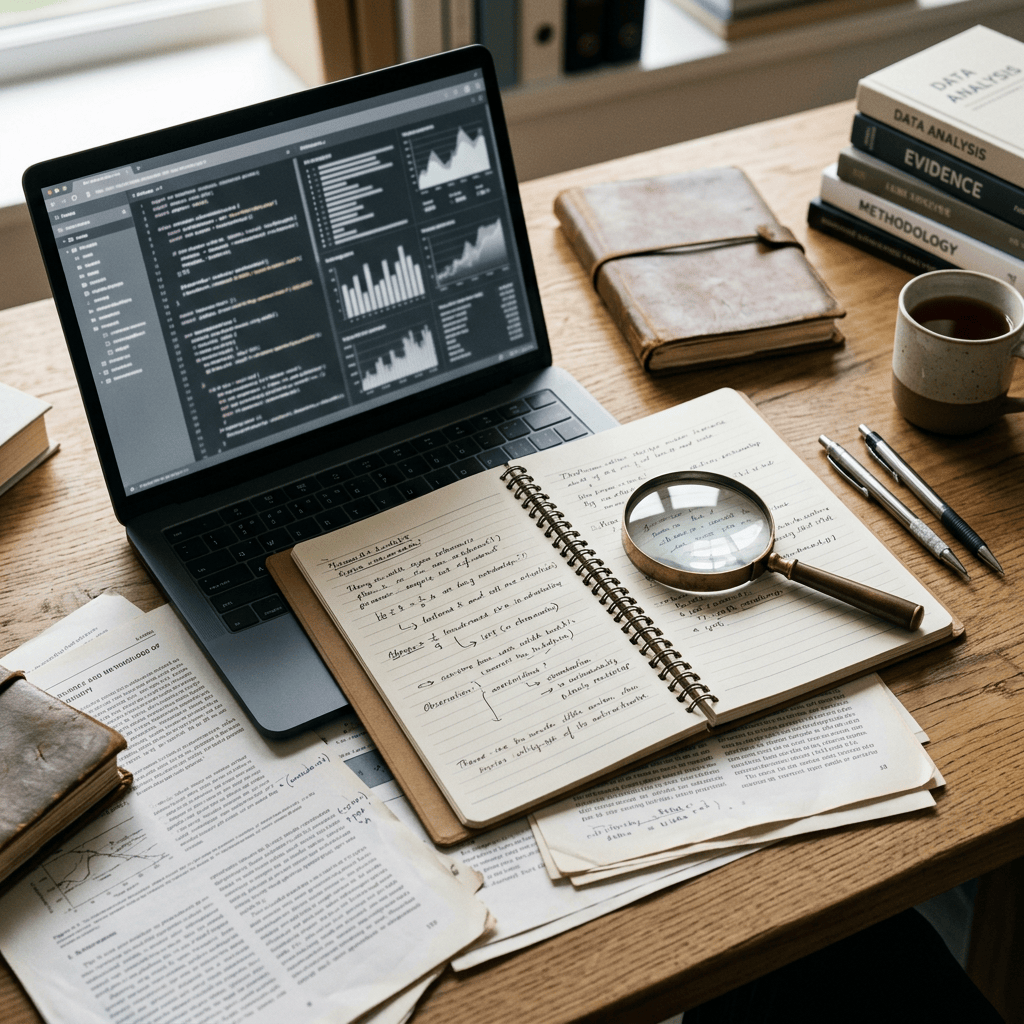 Laptop showing code and data charts beside handwritten notes and research books