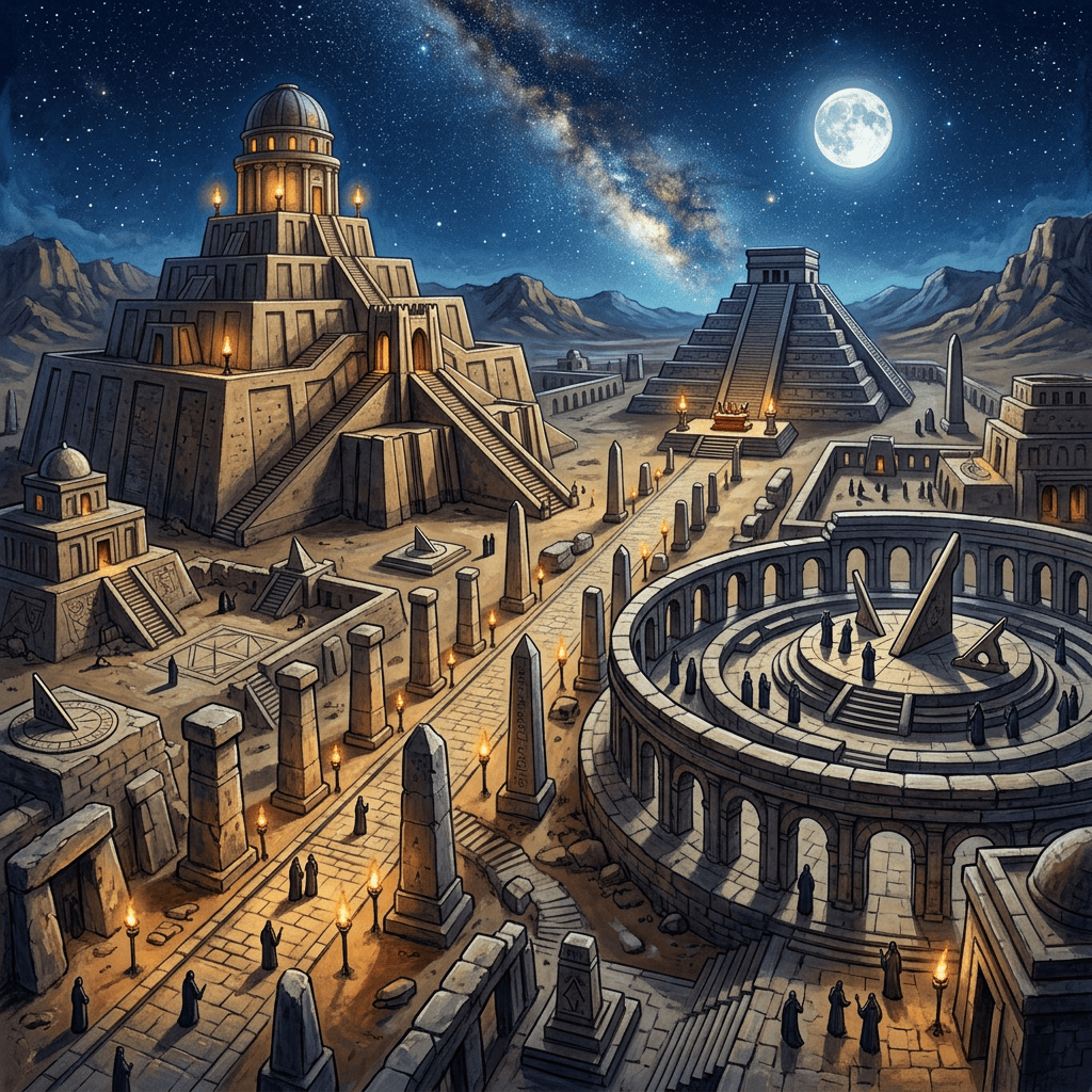 Torchlit ancient city with stepped temples, observatory, obelisks, and full moon