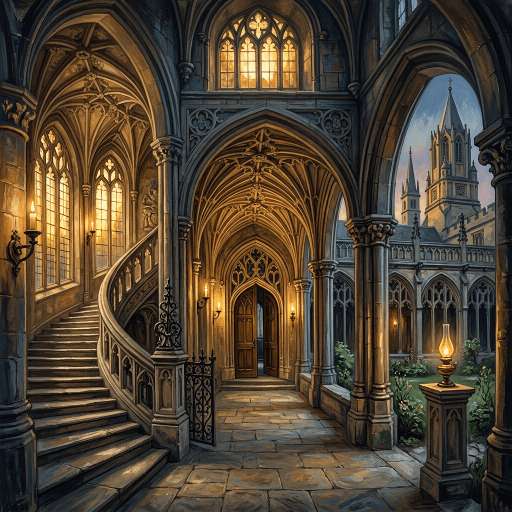 Ornate Gothic cathedral cloister with spiral staircase, stained glass, and courtyard tower